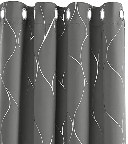 Deconovo Thermal Insulated Blackout Curtains Silver Wave Line Foil Printed Eyelet Curtains for Bedroom Light Grey W55 x L114 One Pair