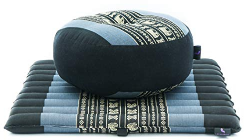 LEEWADEE Set de meditación – Cojín de Yoga Zafu y colchoneta de meditación Zabuton, Asiento tailandés de kapok ecológico, Set de 2, Azul