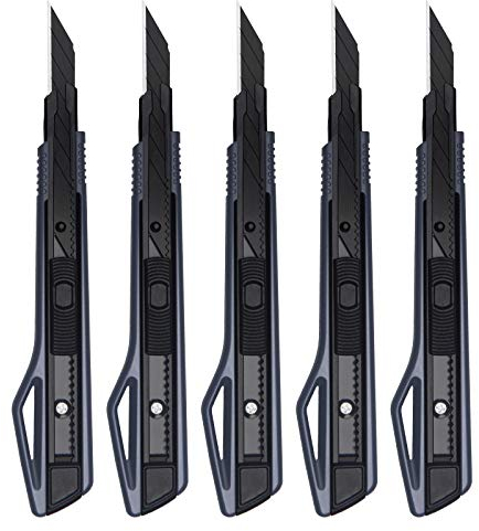 MANUFORE 5 Stück 9mm Cuttermesser Set, Profi Cuttermesser 30 Grad mit Schwarz SK5 Stahl Abbrechklingen, 9mm Cutter Schwarz für Karton, Folien, Papier, Basteln und Tapete