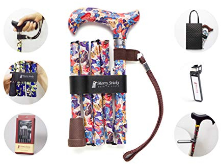 Merry Sticks Faltbarer Verstellbarer Designer Gehstock, Faltstock, Schmetterlinge (2), Enthält eine praktische Stocktasche und EIN Intelligenter Reflektierender Stockhalter