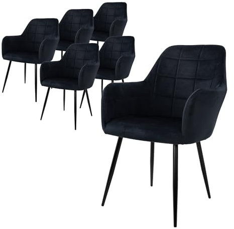 ECD Germany 6er Set Esszimmerstühle mit Rücken- und Armlehnen, Schwarz, Küchenstühle mit Samtbezug, Polsterstühle mit Metallbeinen, Ergonomische Stühle für Esstisch, Wohnzimmerstühle Esszimmerstuhl