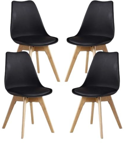 Single Set of 2/4/6 Retro Modern Dining Chairs – Lorenzo Plastic Chairs with Cushioned Pad Seat & Solid Beech Wooden Legs - Side Chair for Living Room Kitchen Office Lounge (Black, Pack of 4)