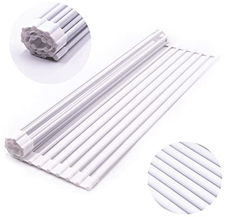 Bigdata&BetterLife Multi Purpose Roll Up Dish Drying Rack White Dish Drying Mat with Rack for Kitchen,Heavy Duty Foldable Silicone-Coated Stainless Steel Sink Dry Rack (White,20.5 x 13.1)
