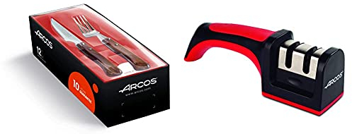 Arcos 377 Juego Chuleteros, Acero Inoxidable, Centimeters + Afiladores, Afilador De Cuchillos De Mano, Hecho De Abs + Tpe, Rodillos Cerámico Y Carburo, Color Rojo Y Negro