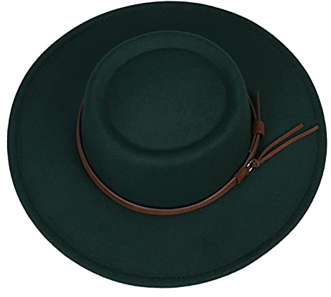JK Home Damen Kappe mit breiter Krempe, konkave Oberseite, Filzglocke, Derby, Bowler, Bootshut, Vintage-Gürtelschnalle, Porkpie Fedora Kirche Jazz Trilby Wollmütze, B: Dunkelgrün, Einheitsgröße