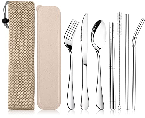 Campingbesteck, Joyfair 9-teiliges Edelstahl Reisebesteck Set, Tragbare Besteck Set mit Messer, Gabel, Löffel, Strohhalme, Essstäbchen, Reinigungsbürste, Tragetasche & Box, Wiederverwendbar - Weizen