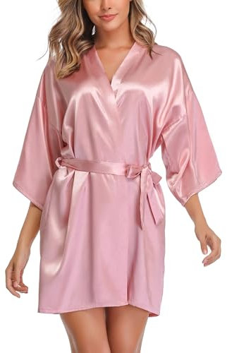 Wikoan Kimono Femme Court Peignoir Satin Bridesmaid Robe de Chambre Sortie de Bain Mariée Demoiselle d'honneur Peignoir de Bain Rose Musquée S