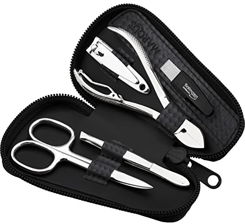 Marqus Manicure Set for Women and Men - 5-Piece Grooming Kit with Nail Nippers and Clippers - Fashion Leather Case - Perfect for Travelling or as a Gift, Carbon