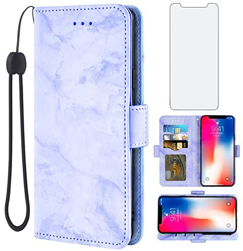 Asuwish Phone Case for iPhone Xs Max with Tempered Glass Screen Protector and Marble Wallet Card Holder Slot Stand Cell Accessories i X XR Xsmax 10x SX Xmax 10xs 10s 10 Plus Xmaxs Women Men Purple