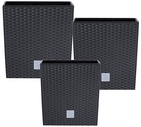 botle Set 3X Pflanztöpfe Blumentopf Einsatz Rattan Trapez H 17+20+22 cm Anthrazit mit Pflanzeinsatz Quadrat