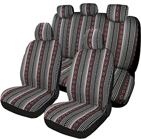PONYJOYUP Baja Satteldecke, Autositzbezüge, 9-teilig, komplettes Set, atmungsaktiv und waschbar, gestreift, gewebt, Automobil-Fahrzeugsitzbezug, universeller Boho-Sitzbezug für Limousine, SUV, LKW,