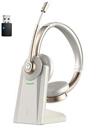 Wireless Headset,QCC v5.1 Bluetooth Headphones with Microphone, CVC Mic Noise Cancelling & Mute/Charging Dock/USB Dongle, 26 Hrs Handsfree Teams Headset for Cell Phones/Ms Teams/Zoom/Skype