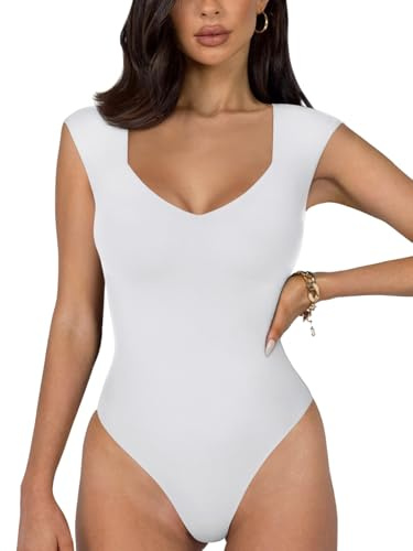 REORIA Women's Sexy Casual V Neck Double Lined Sleeveless Slimming Going Out Tank Top Bodysuits