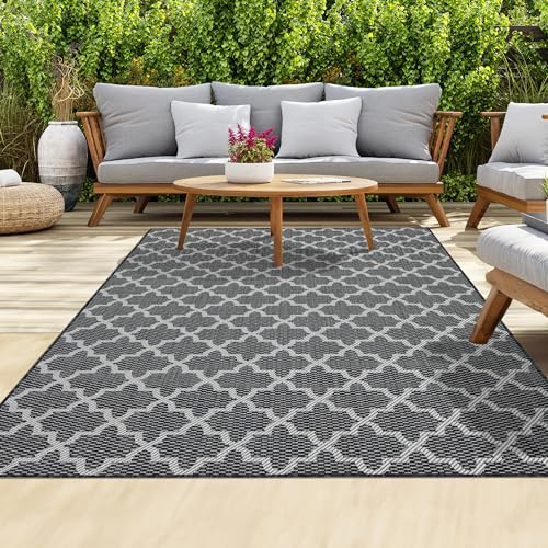 homeart Outdoor Teppiche,Leicht zu reinigende Innen- & Außenbereich Teppiche für Veranda, Deck, Balkon, Garten,UV- & witterungsbeständig große Terrassenteppich Matten,Anthrazit Creme 80x150cm