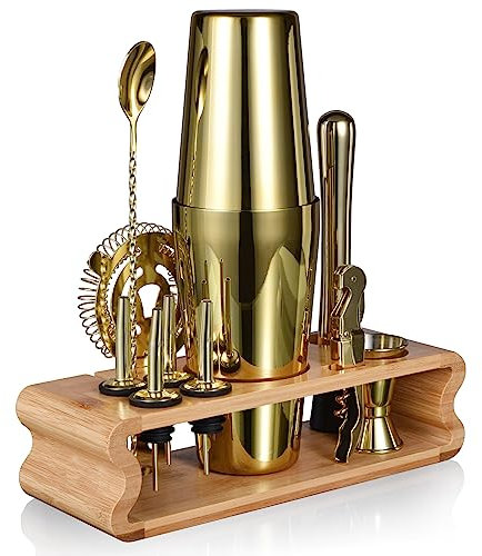 Esmula Bartender Kit with Stand, 12 Piece 20oz/25oz Cocktail Shaker Set for Mixed Drink, Professional Stainless Steel Bar Tool Set with Cocktail Recipes Bookle, Gift for Man Dad Friend (Gold)