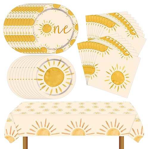 Boho Sun Partyzubehör Geschirr-Set inklusive Sonne Geburtstag Pappteller Servietten Tischdecke für 1. Sonnenschein Geburtstag Party Dekorationen serviert 20