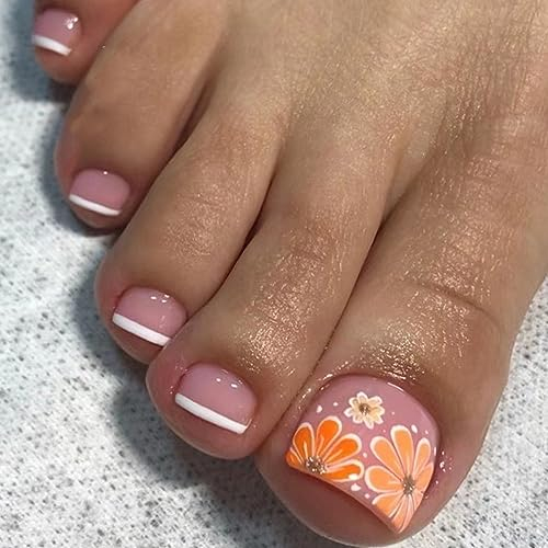 AKOFIC 24pcs False Toenails Short Square, French Glossy Flower Stick on Toenails, White Border Full Cover Press on Toenails, Artificial Fake Toenails for Big Toe Women Grils Manicure Art