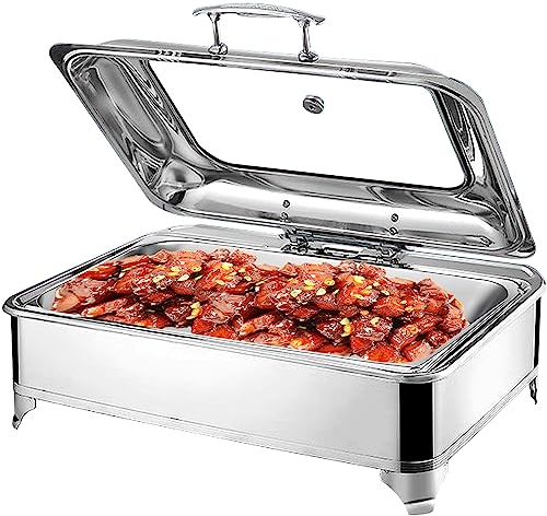 Chafing Dish Elektrisch, 9L Speisewärmer Edelstahl Buffetwärmer mit Sichtbarer Abdeckung, Chafing Dish Warmhaltebehälter - Einstellbare Temperatur (0-85℃)