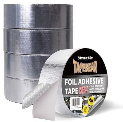 TAPEBEAR Nastro Alluminio adesivo, 50mm x 60m Nastro Alluminio Con Tessuto In Fibra Di Vetro, Resistere da 80°C a 100°C, Nastro Adesivo Rinforzato Per Sigillare, Riparare ed Isolare, 5 Rotoli