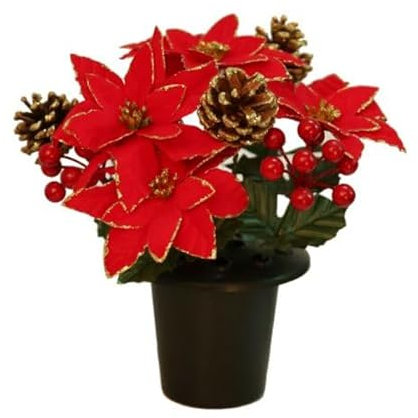 Christmas Artificial Grave Flowers - Glittered Red Poinsettia & Berry - Grave Pot, Cemetery Vase, Crem Insert, Memorial Pot, Flower Memorial Arrangement, Vases