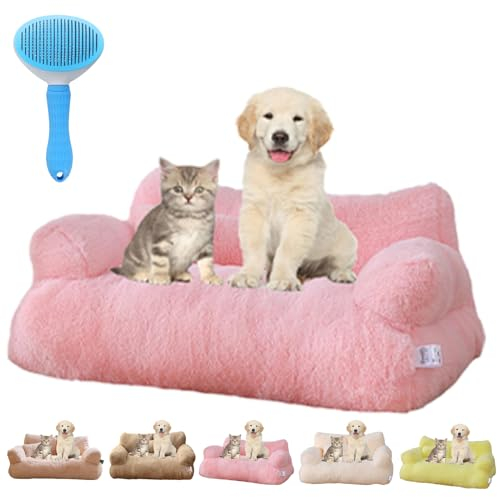 Gienslru Calming Pet Sofa, Calming Dog Bed Fluffy Plush pet Sofa, Memory Foam Removable Washable Pet Sofa, for Medium Small Dogs &Cats (Pink, L)