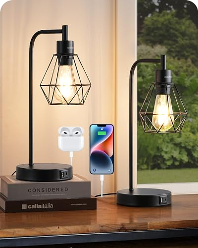 EDISHINE Tischlampe Touch Dimmbar 2er Set, Nachttischlampe mit USB A+C Ladeanschlüssen, Metallgitter-Lampenschirm, E27 Industrial Schreibtischlampe für Wohnzimmer, inkl. LED-Birne, 40cm, Schwarz