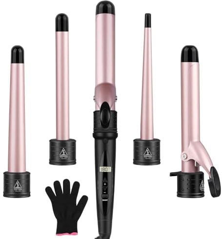 Curling Wand - Upgraded 5 in 1 Hair Curler, Curling Tongs Iron Set with 5 Interchangeable Ceramic Coating Barrels, Waver Curling Wand for Long/Short Hair, LCD Display /80-230°C Adjustment Temp