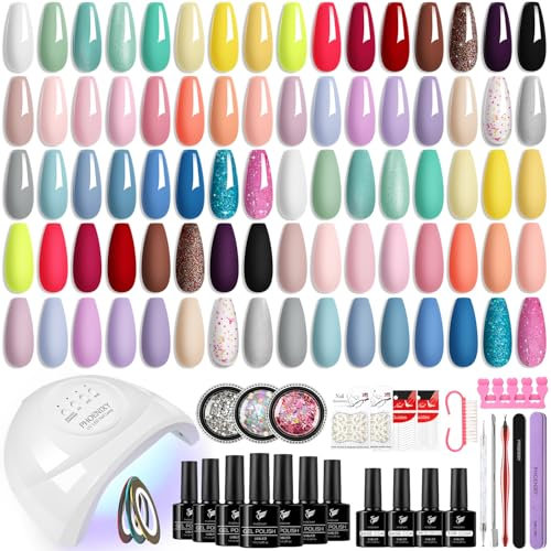 Phoenixy Gel Nail Polish Set with UV Lamp Starter Kit, 40 Colors Gel Nail Kit with Glossy Matte Base Top Coat, UV Soak Off Gift for Women(Glass Bottle)