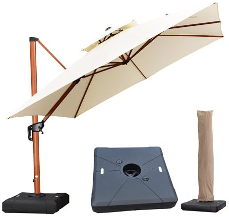 PURPLE LEAF Parasol Déporté 3 x 3 m Carré avec pieds de Parasol, Aspect du Teck en Aluminium, Parasol de Jardin Extérieur à Toit Double Rotatif 360°, Pour Terrasses, Piscines, Restaurants, Crème