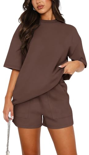 REORIA Damen Tracksuit Kurzarm Rundhalsausschnitt Einfarbig Zweiteiler Hausanzug Loungewear Outfit Jogger Trainingsanzug Set Kaffee L