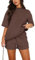 REORIA Women Cotton Short Sleeve Tracksuit Set Crew Neck Solid Color Shirt and Shorts with two Pockets two piece Outfit co ord Sets Coffee L
