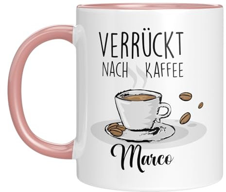 TassenTicker - Verrückt nach Kaffee - Tasse personalisiert mit Namen - Kaffeetasse mit Spruch - lustige Geschenkidee - Kaffeeliebhaber - Geburtstagsgeschenk (Rosa)