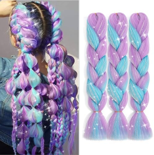 TESS Braids Extensions mit Glitzer 60 cm, Jumbo Braids Kunsthaar Zum Einflechten Box Braids Haarverlängerung Zopf 100g/Bündel Ombre Haar Braids Extension (1 Stück-Helllila/Blau&Glitzer)