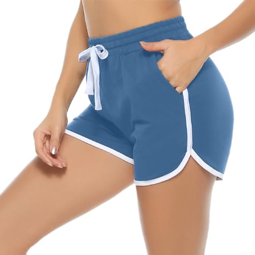 Aseniza Short de Sport Femme Coton Taille Haute - Bas de Survêtement Court pour Course à Pied, Yoga, Jogging, Fitness, Running - Bordure Blanche - Bleu M