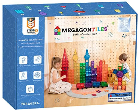Premium 182PCS MEGA Magnet Tiles Set - STEM Authenticated Magnetic Building Blocks for Boys & Girls 3-10 Years