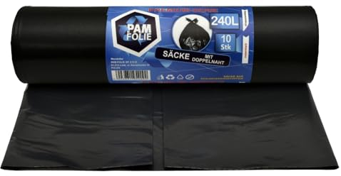 PAM-FOLIE Sacs poubelle 240L - 10 pièces - XXL, Epaisseur, Grands Sacs poubelle, Premium - 120x130cm - 45µm - Sac noir - Sacs pour déchets de chantier - idéaux pour les conteneurs de 240 litres