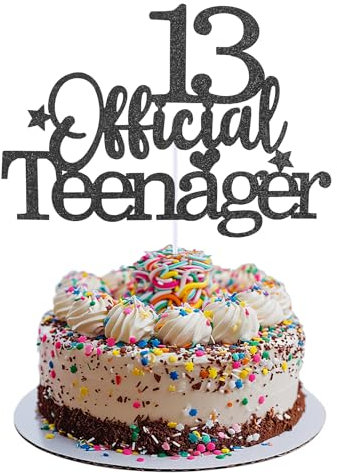 Prasacco Tortendeko Geburtstag, 13 Official Teenager Cake Topper Schwarzer Glitzer Cupcake Toppers Geburtstag Party Kuchen Deko für 13 Jahre alte Jungen und Mädchen