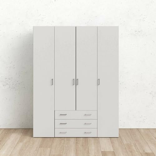 Dmora - Armoire à Quatre Portes et Trois tiroirs, Couleur Blanche, Dimensions 154 x 200 x 49 cm