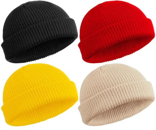 SATINIOR 4 Stück Trawler Beanie Watch Hat Roll Up Edge Skullcap Fisherman Beanie Unisex, Rot, Gelb, Beige, Schwarz, Einheitsgröße