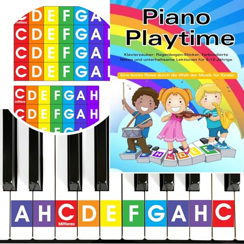 QMG Regenbogenfarbene Klavier und Keyboardaufkleber und Kinder Klavier Lernbuch Einfach zu befolgende Anweisungen und einfache Klaviernoten für Kinder, Anfänger Klavierbuch für Kinder