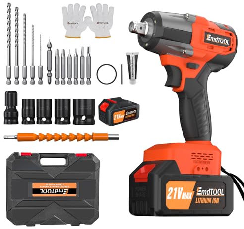 Qimu Cordless Impact Wrench 1/2Inch Driver, 550N.m High Torque Brushless Power Impact Gun with 21V/6.0Ah Lithium Battery 2500RPM, 4 Impact Sockets Set, 12PCS Screwdriver Bits, Electric Impact Wrench