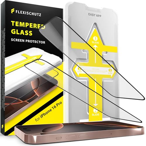 FlexiSchutz Schutzglas für iPhone 16 Pro Schutzfolie, Screen Protector, Glas Displayschutzfolie mit praktischer Installationshilfe, Glas Folie mit Schabone, Displayschutz [2 Stück]