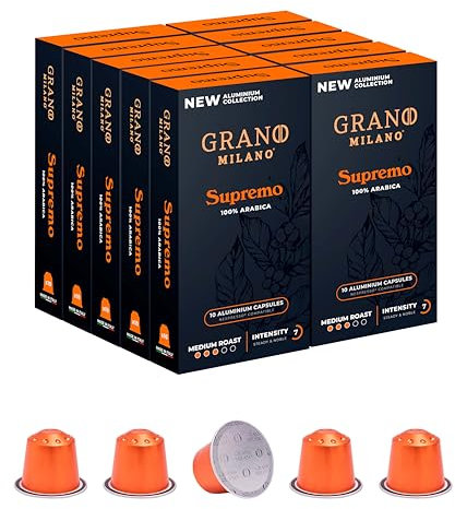 New Grano Milano Supremo Coffee Capsules - 100 Aluminium Coffee Pods Compatible with Nespresso Original line, 100% Arabica Medium Roast - Intensity 7/12, Made in Italy