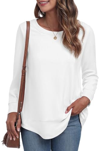 GRECERELLE Sweatshirts for Women UK Crew Neck Long Sleeve Tops Women Casual Tunic Tops Shirts (White, L)