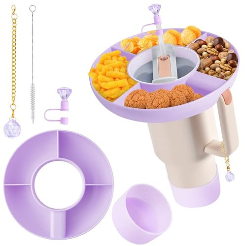 GoaePode Silicone Snack Tray for Stanley Cup 40 oz, Reusable Snack Bowl Accessory Kit with Straw Topper Cover Straw Brush, 4 Compartment Food Holder Accessories for Popcorn Car Movie (Purple)