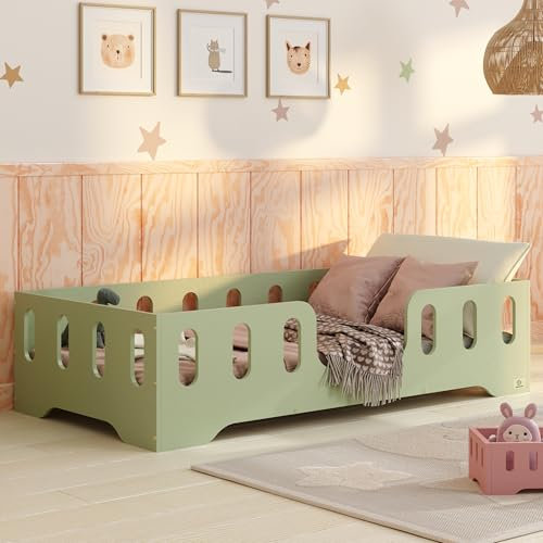 smartwood Bodenbett 90x190 Grün - Montessori Kinderbett aus Holz mit FSC-Zertifikat TILA 2 mit Rausfallschutz & Lattenrost bis 230kg belastbar - Einfache Montage