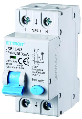 230V 25A C25, INTERRUTTORE MAGNETOTERMICO DIFFERENZIALE SALVAVITA, 1P+N, MONTAGGIO SU BARRA DIN, 2 MODULI, 30mA, 6KA 6000A, RCBO, 240VAC, classe A