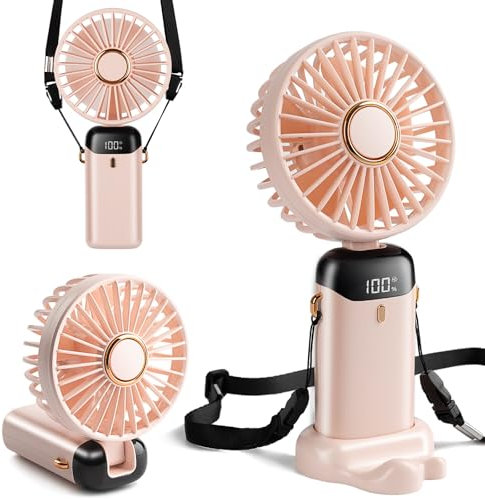 Ventilateur de Poche Mini, Rechargeable par Type-C, Ventilateur avec Batterie 4000mAh et Affichage Numérique, Pliable à 90°, Ventilateur Personnel 3 en 1 Main/Cou/Bureau, Ventilate (Rose Cerise)