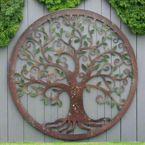 Tree of Life Metal Wall Art, Round Garden Decor, Rustic Bronze with Green Leaves, 60cm Diameter powder coated