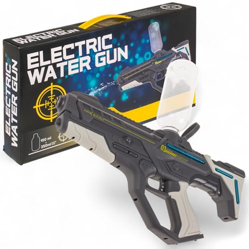 MIJOMA Pistolet à eau électrique avec réservoir de 150 + 350 ml, câble de charge USB, portée 7 à 10 m, pistolet à eau pour enfants et adultes, gadget d'été de 39 cm (gris)